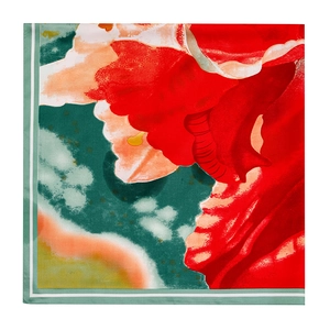 Detailed pattern of large red floral oil painting on silk scarf with green border