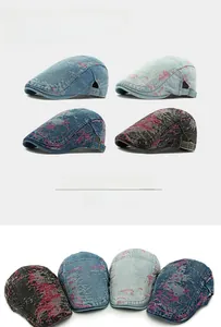 Detail view of washed denim beret hats in four colors with jacquard texture and side buckles