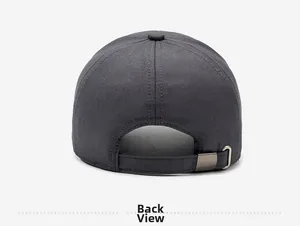 Detail of grey baseball cap back with adjustable metal buckle and stitching