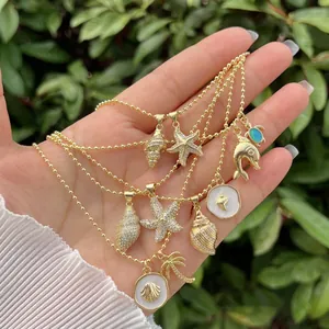 Unisex Ocean Theme Pendant Necklace 18K Gold Plated Copper Zircon Mother Of Artificial Pearl Dolphin Sea Turtle Shell Jewelry