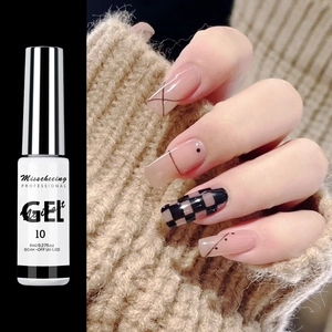 Detailed view of 8ml nail art gel bottle and nude pink nails with black grid patterns