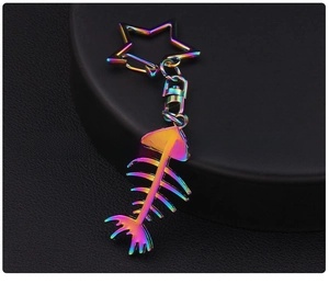 Macro view of fish bone keychain with iridescent electroplated finish and star-shaped ring