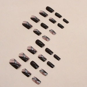 24pcs wine red and geometric line design square press-on nails with silver glitter accents