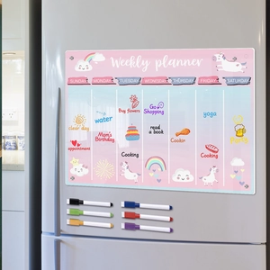 Magnetic pink unicorn weekly planner on fridge with six colorful whiteboard markers
