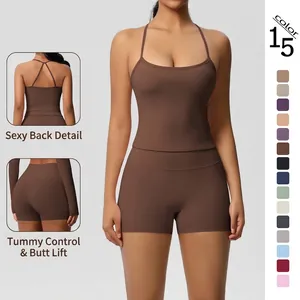 Women's Solid Color Yoga Top And Bottom Slim Fit Double-sided Brushed Vest High Waist Tight Shorts Activewear Outfit