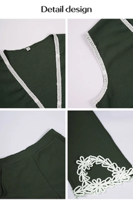 Détails du col en V avec bordure tissée et appliques de dentelle florale sur ensemble