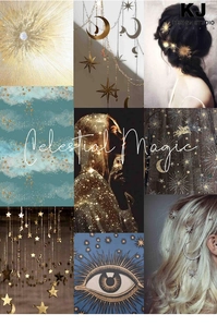 Detailed mood board featuring golden celestial star and moon jewelry with magical blue motifs