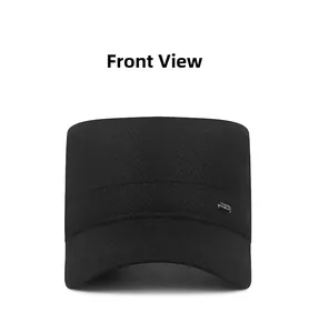 Front view of black wool winter cadet cap with thermal lining and metal side logo