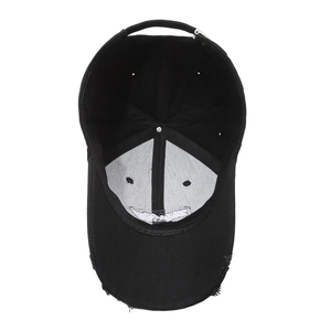Distressed black cotton baseball cap with ripped brim detail and metal buckle closure