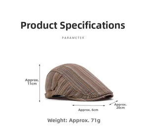 Detailed side view of colorful striped beret showing size dimensions and metal buckle