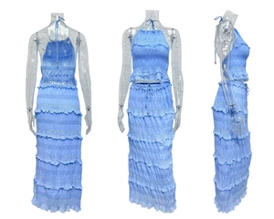 Detailed three-view shots of blue sleeveless halter top and tiered ruffle maxi skirt set