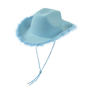 Detail of light blue cowboy hat with feather trim and adjustable chin strap