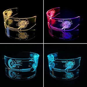 Cyberpunk LED glasses featuring multiple light colors and futuristic etched lens patterns