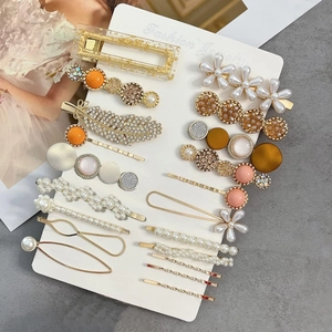 20-piece fashion hair clip set with pearls, rhinestones, and colorful resin geometric designs