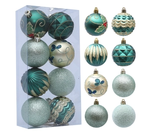 Set of 16 green and gold Christmas ornaments with glitter and painted texture details