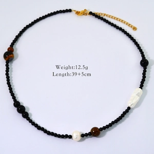 Detail of beaded ocean necklace showing 12.5g weight and 39+5cm length measurements