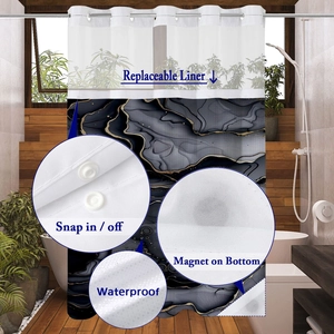 Détail du rideau de douche marbre avec tissu imperméable et doublure clipsable