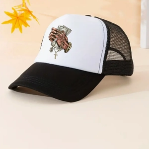 Detail of street style trucker hat showing breathable mesh and money print graphics