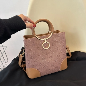 Vintage Monogram Bucket Bag For Women PU Leather Crossbody Handbag With Metal Ring Handle Versatile Shoulder Bag