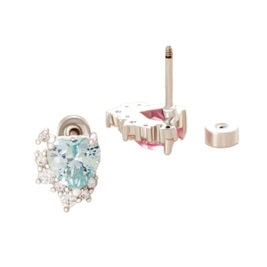Heart zircon stud earrings in pink and blue with silver titanium steel back view