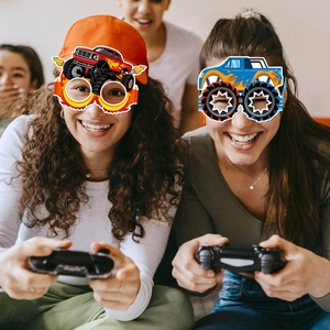 Kids monster truck paper glasses party masks for birthday celebrations and racing theme