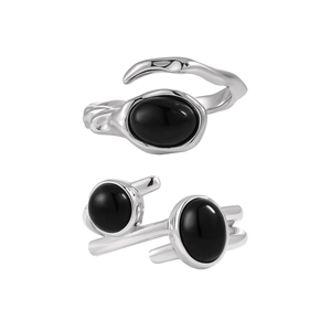 Irregular cross S925 silver ring featuring a natural oval black agate gemstone inlay