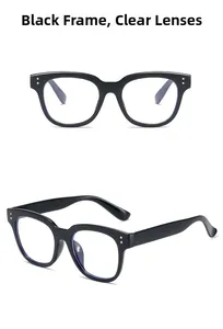Detailed front and side view of black square frame sunglasses with clear lenses and studs