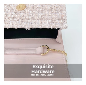 Detailed close-up of the gold magnetic buckle and pink tweed texture on the kid's handbag
