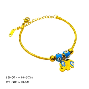 Titanium steel snake chain bracelet with elephant pendant and blue evil eye bead