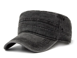 Detail shot of washed cotton flat top military cap showing metal eyelets and stitching