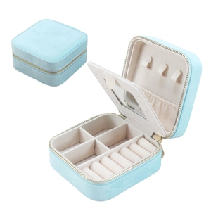 Close-up of light blue velvet jewelry box showing mirror, necklace hooks and ring slots