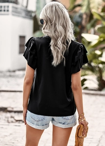 Detail showing back view of black summer top with double-layer ruffle sleeves for women