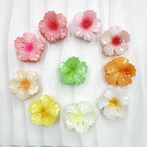 Top view of colorful floral hair claws in gradient shades arranged in a circular layout