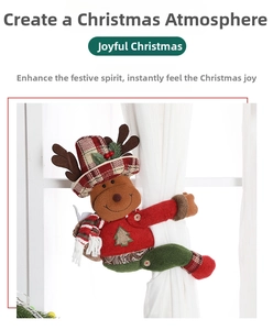 Detail of plush reindeer curtain buckle with holiday attire for Christmas decoration