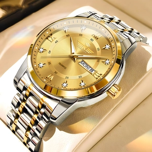 Luxury men's two-tone gold quartz watch with diamond markers and day-date display