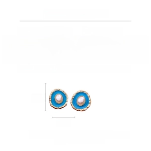 Detailed product specs of vintage oval earrings with blue enamel and pearl inlay detail