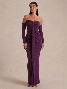Elegant purple off-shoulder evening dress with ruched detail and detached long sleeves