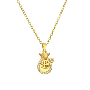 Gouden geldzak hanger ketting met dollarteken en witte zirkonia op fijne O-schakel