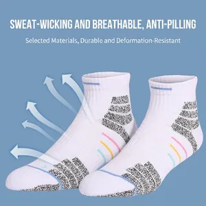 White anti-slip athletic crew socks with thick cushions and breathable mesh panels