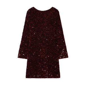 Elegant wine red sequin mini dress with long sleeves and round neck on white background