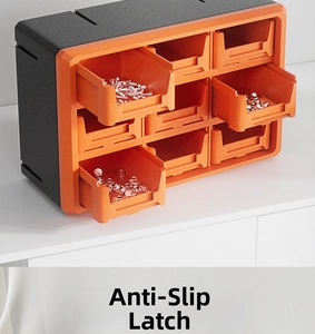 Detail view of drawer storage cabinet showing non-slip buckle and orange drawers
