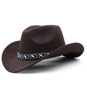 Detail of western wool felt cowboy hat featuring a bohemian turquoise beaded hatband
