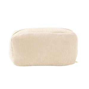 Large capacity cream corduroy cosmetic bag with striped texture and golden zipper detail