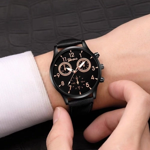 Classic Geneva black leather quartz watch for men featuring a three-eye decorative dial