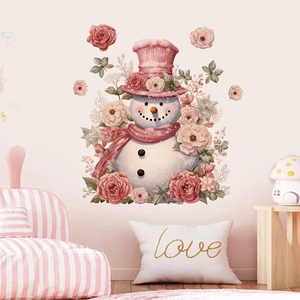 Detailed wall sticker layout featuring a cartoon snowman with pink roses and green leaves