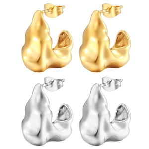 Irregular C-shaped stainless steel stud earrings in gold and silver finishes