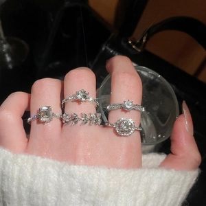 Silver geometric zircon heart open ring set on hand with luxury minimalist style
