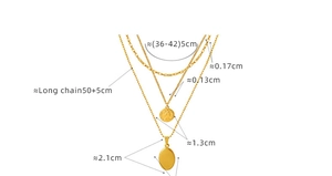 Detailed size guide for gold layered necklaces showing chain lengths and coin pendant dimensions