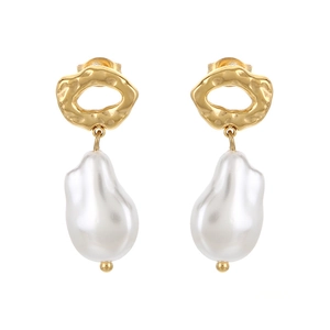 French style stainless steel baroque pearl earrings with textured gold metal finish