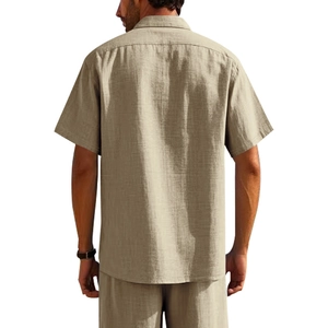 Rear view detail showing the breathable linen texture of the khaki short sleeve shirt